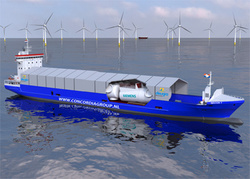 New transport vessel for Siemens offshore wind turbines: Starting in 2017, Siemens will have a shipping link between its new plant in Cuxhaven and international installation ports on the North Sea. (Copyright: Deugro)