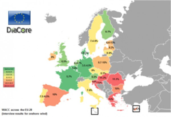 Gewichtete durchschnittliche Kapitalkosten (WACC) für Windenergie an Land in den 28 Mitgliedsstaaten der EU (c) DiaCore, Ecofys et al. 2016