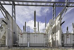 The photo shows a similar power transformer serving at a converter station on the HVDC link between France and Spain.