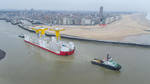 Gigantic foundations for the Danish offshore wind farm Kriegers Flak leave Port of Ostend