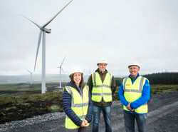 Fionnuala Brennan, Relationship Manager at First Trust Bank is pictured with NTR Program Manager Martin Sweeney and Noel Breslin, Site Manager from RES at Castlecraig Wind Farm (Image: RES)