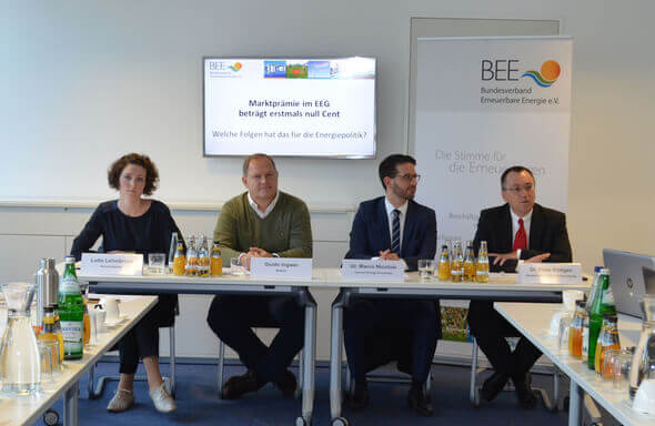 v.l. Lotte Lehmbruck (Next Kraftwerke), Guido Ingwer (Wattner), Dr. Marco Nicolosi (Connect Energy Economics), Dr. Peter Röttgen (BEE) (Bild: BEE)