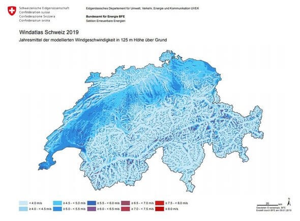 Karte der Windgeschwindigkeiten der Schweiz 2019 auf 125m über Grund (Bild: BFE)