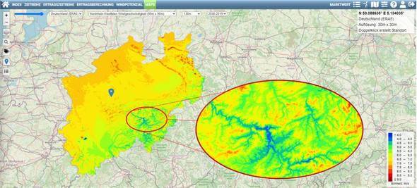 Windkarte für Nordrhein-Westfalen (Bild: anemos Gesellschaft für Umweltmeteorologie mbH)