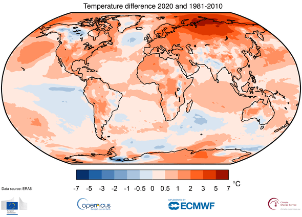 Air temperature at a height of two metres for 2020, shown relative to its 1981–2010 average. Source: ERA5 (Credit: Copernicus Climate Change Service/ECMWF)