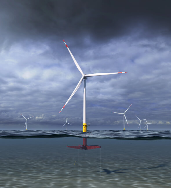 An artist's rendering of the 12 MW Floating Wind Turbine concept GE Research and Glosten are designing as part of their ATLANTIS program project with ARPA-E (Image: Glosten)