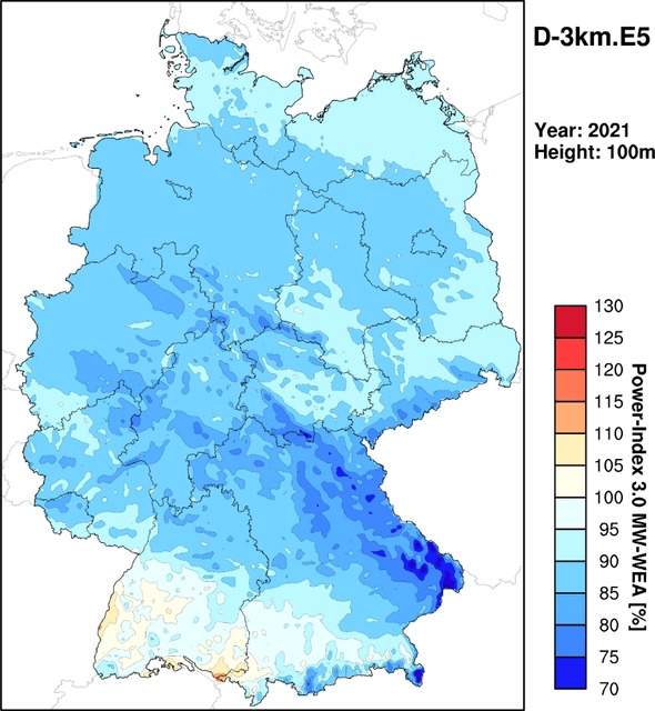 Abb. 1: Ertragsindex für Deutschland 3km (Jahresindex 2021), entnommen aus dem „Wind- und Ertragsindex Report für das Jahr 2021“ (www.anemos.de/Windreport.pdf)
