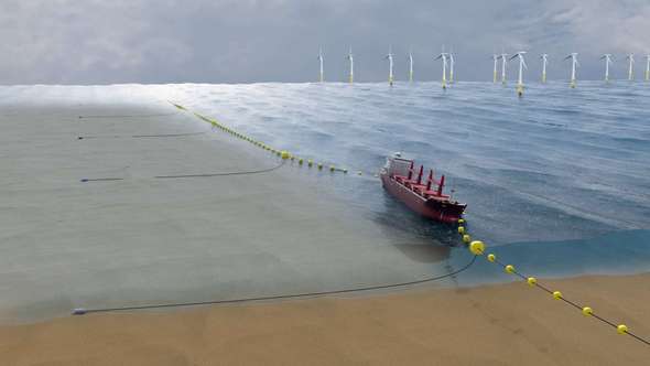 Impressie of the first concept: a string of surface buoys secured by drag anchors (Image: MARIN)