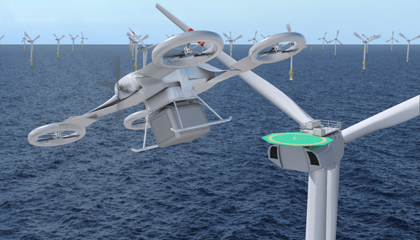 So könnte eine Offshore Logistik-Drohne eine Transportbox auf einer Windenergieanlage absetzen (Grafik: EnBW)
