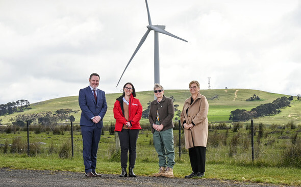  Left to right: Brett Winter, Melanie Sutton, Tracey Slatter, and Frances Diver at the Mount Gellibrand Wind Farm (Image: BarwonWater)
