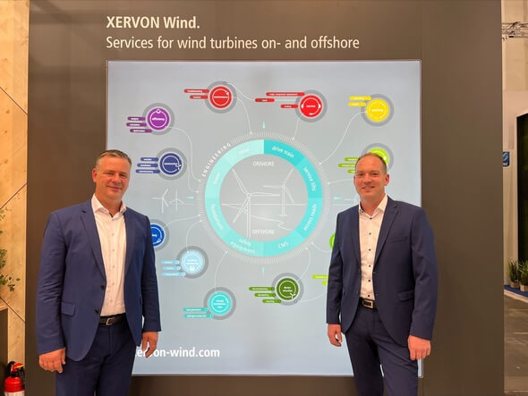 Xervon CEOs Maik Schlapmann (left) and Tobias Wilming at WindEnergy Hamburg (Image: XERVON Wind)