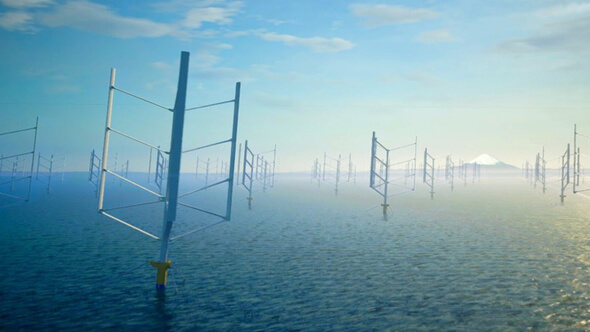 Künstlerisches Konzept eines Windparks mit schwimmenden Vertikalachsern (Bild: Albatross Technology Inc.)