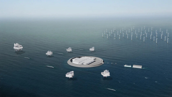 An illustrative visualisation of the coming energy island in the North Sea. Fully developed, the energy island will have a capacity of 10 GW – enough to power 10 million homes (Illustration: Energistyrelsen)