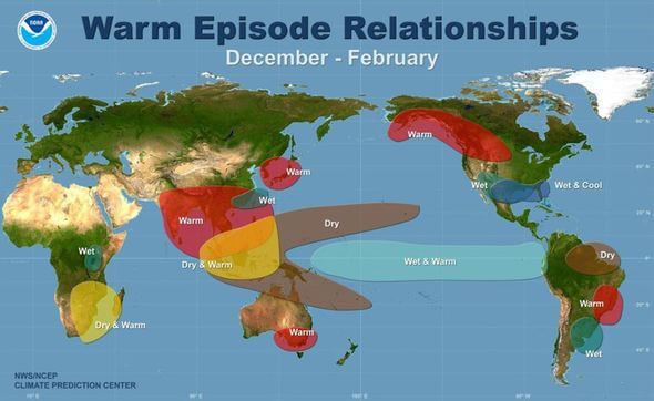 Weltweite Auswirkungen von El Niño auf Niederschlag und Temperatur in den Wintermonaten (Bild: Amerikanischer Wetterdienst NCEP)