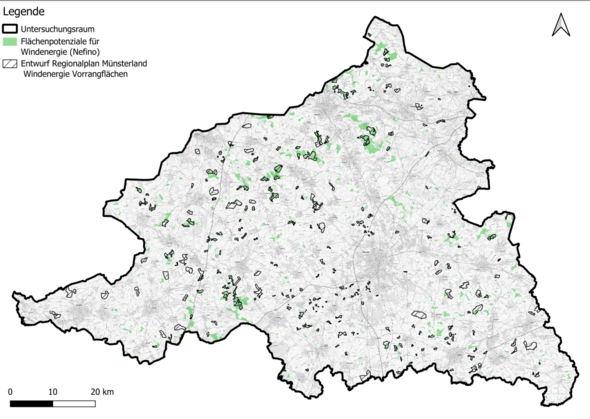Flächenanalyse von Nefino: 70% der im Regionalplan Münsterland dargestellten Windenergieeignungsbereiche (WEB) sind de facto nicht für moderne Windenergieanlagen nutzbar (Bild: BBWind)