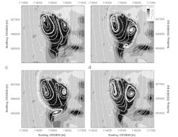 The wind-flow patterns and turbulence intensity were simulated for 50m above ground for a northerly wind direction after (a) 1,300, (b) 1,700, (c) 2,000, and (d) 2,400 seconds of simulation
